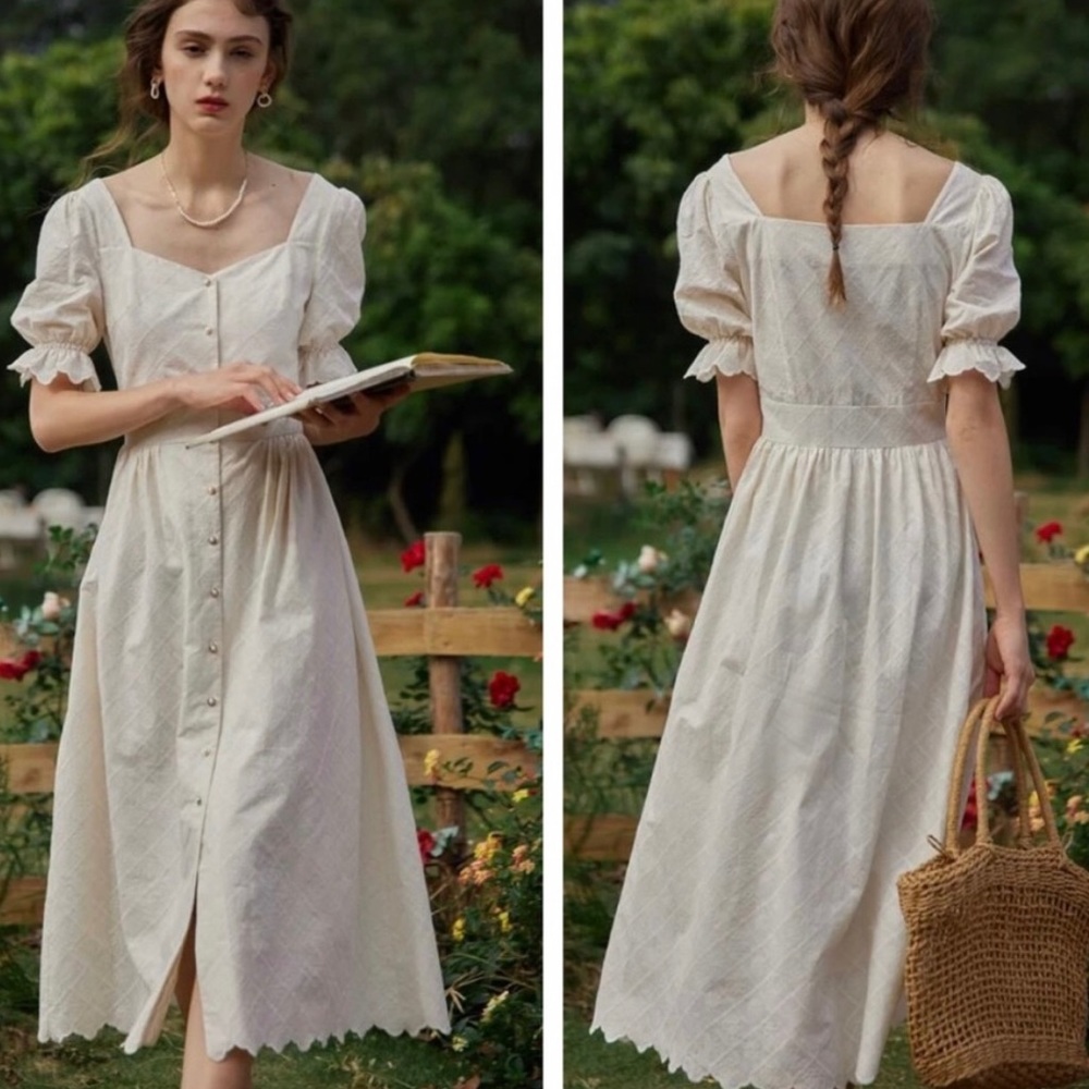 Vintage Simple Retro Puff Sleeve Sweetheart Neck Maxi Lace Dress